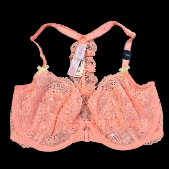 Victorias Secret Dream Angels Unlined Demi sequin Embellished Lace bra Coral - Picture 1 of 3